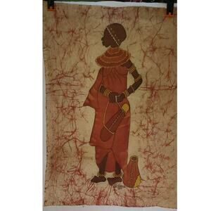 Vintage 1986 African Batik Cloth Art Signed A.B. Scomau Woman with Water Buckets